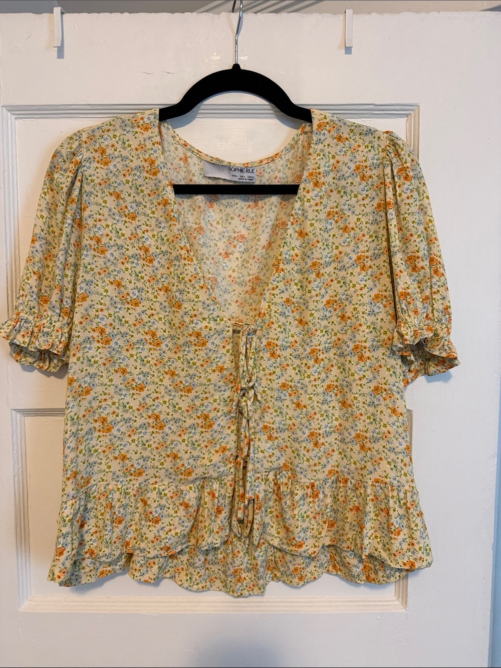 Sophie Rue Yellow Floral Tie-Front Ruffle Blouse
